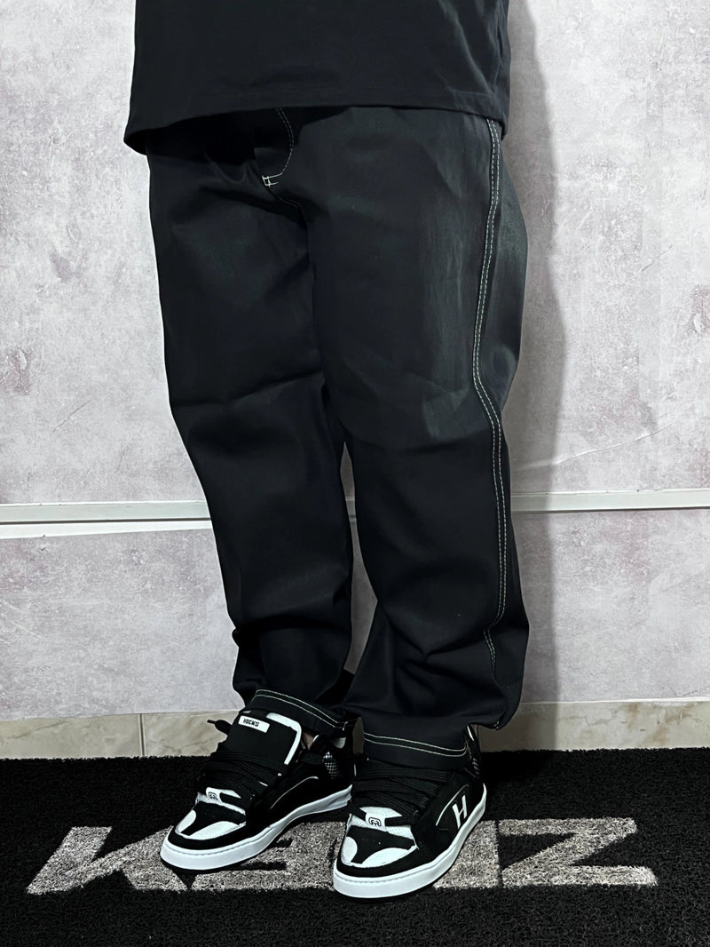 Calça Baggy Jeans Preto Costuras Brancas